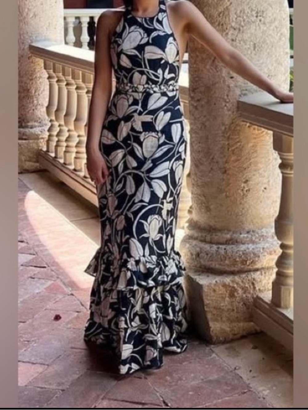 Agua by Agua Bendita Navy and White Floral Halter Mermaid Maxi Dress
